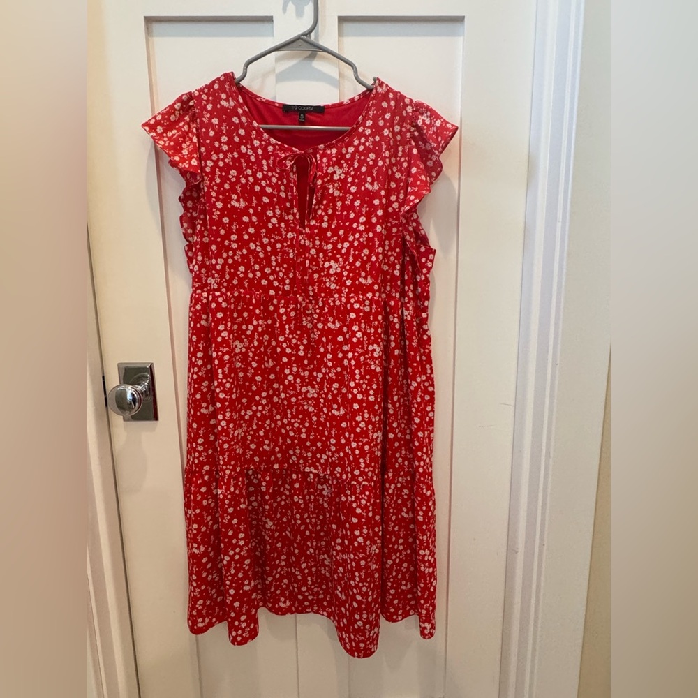 Red Floral Dress with Ruffle Sleeves